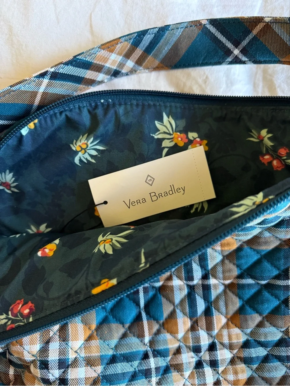 Vera Bradley Quilted Crossbody in Teal, Brown, Cream Plaid